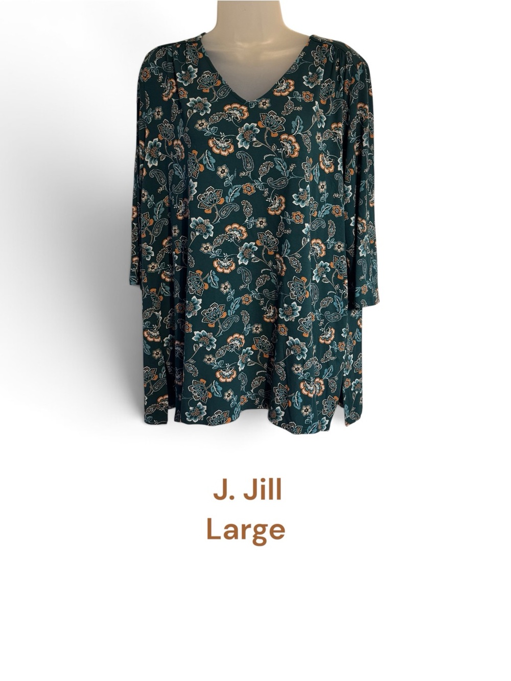 J. Jill Teal Floral V-Neck Tunic with Cream & Brown Accents